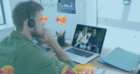 Virtual Meeting Concept with Digital Icons Overlay on Laptop