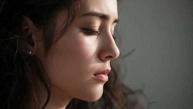 Serene profile portrait young woman closing eyes in soft natural light, subtle makeup
