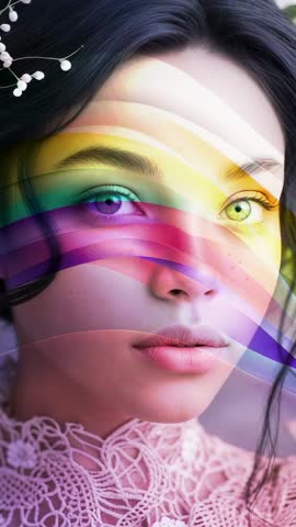Vertical video model standing with rainbow light beams sweeping across face wearing lace top