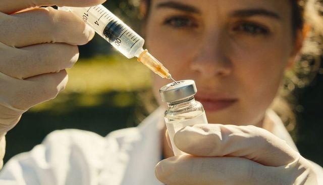 Female healthcare worker drawing vaccine into syringe outdoors closeup with vial and gloves
