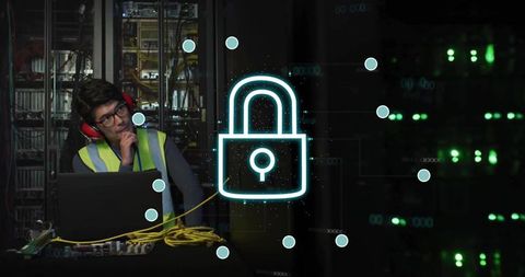 Korean technician securing network in datacenter using laptop and digital lock overlay
