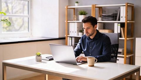 Focused man typing on laptop in bright minimalist office working from home with coffee