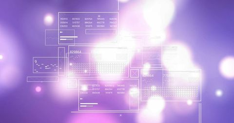 Displaying holographic data dashboard with glowing purple ui panels and wireframe keys