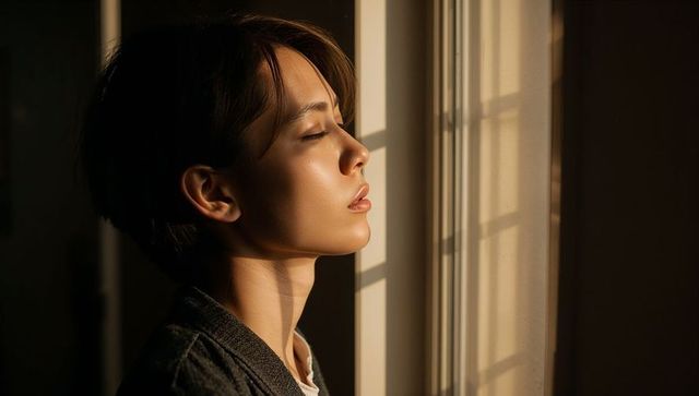 Young woman bathing in warm window light at home, serene profile portrait in golden hour