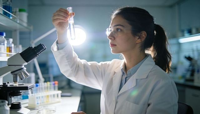 Woman scientist examining test tube under lamp in modern laboratory, backlit precision