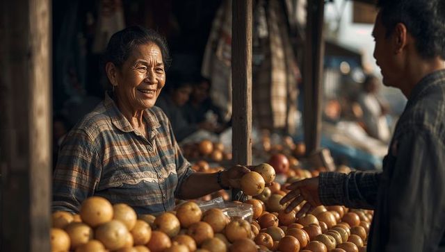 Smiling elderly market vendor offering fresh oranges at wooden stall in warm golden light