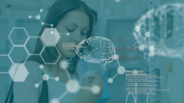 Caucasian woman selecting medicine in a pharmacy with holographic scientific data overlay. Use this for healthcare, technological advancement in medicine, pharmaceutical research, or futuristic medical concepts.