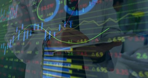Analyst annotating market charts on tablet with dashboards and candlestick analytics