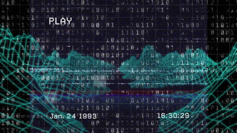Retro Metaverse Computer Artscape with Binary Code Overlay