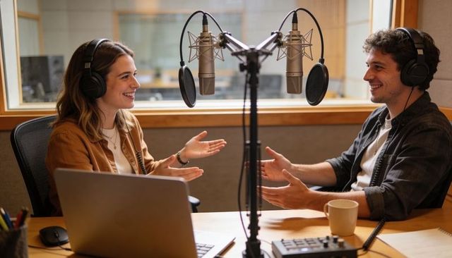 Co-hosts recording podcast conversation in studio with headphones, microphones, laptop