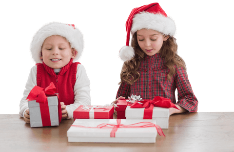 Caucasian Children Celebrating Christmas with Gifts on Transparent Background