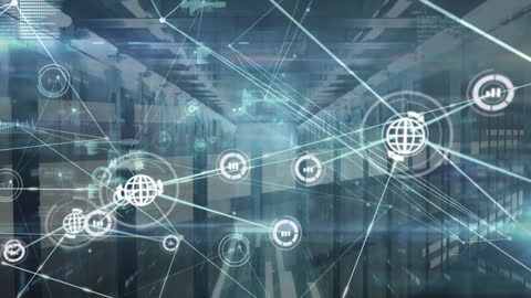 Digital Network Connection Overlaying Futuristic Server Room