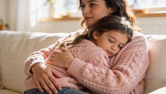Mother and daughter cuddling on sofa in matching pink cable-knit sweaters, cozy family bond