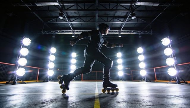 Backlit rollerblader pushing along centerline in industrial arena with vertical lights