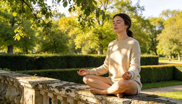 Woman meditating cross-legged on mossy stone balustrade in sunlit manicured garden oasis