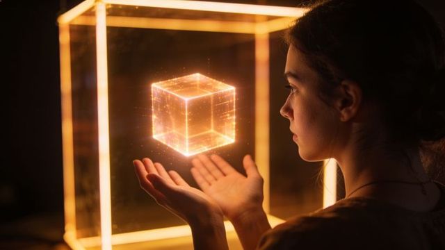 Young woman studying glowing holographic cube edgelit glass frame futuristic technology