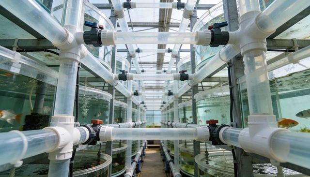 Symmetrical pvc pipe network connecting circular hatchery tanks for aquaculture greenhouse