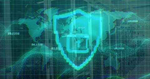 Futuristic cybersecurity concept with digital shield overlay on world map