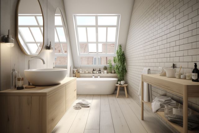 This modern Scandinavian bathroom interior features natural elements such as wooden furniture and indoor plants. The minimalist decor, clean lines, and white color scheme create a sense of tranquility. A freestanding bathtub and stylish vanity add to the aesthetic. This visual is ideal for promoting home renovation, interior design, or lifestyle concepts.