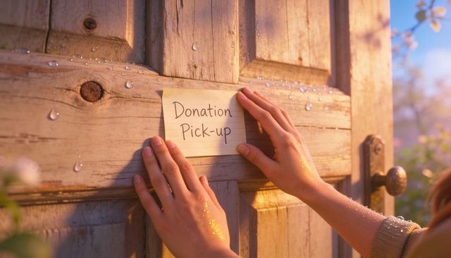 Placing donation pick-up note on rustic wooden door at sunrise