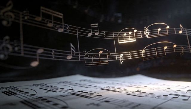 Floating notation over curving sheet music with warm side light for classical music