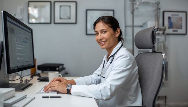 Smiling physician typing at clinic desk with computer and stethoscope, medical workspace