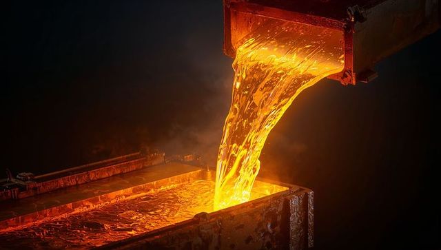 Pouring molten metal into rectangular mold at foundry creating glowing orange cascade