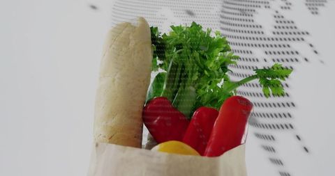 Holding brown paper bag with fresh baguette, red peppers, lemon and herbs on white map