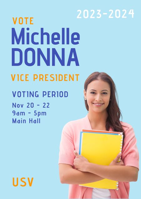 Confident woman holding notebooks and smiling while promoting herself for vice president election role. Captions indicate election dates, times, and location details. Perfect for educational and corporate campaigns focusing on leadership, student engagement, and professional development.