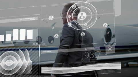 Futuristic Digital Interface with Businessman and Jet