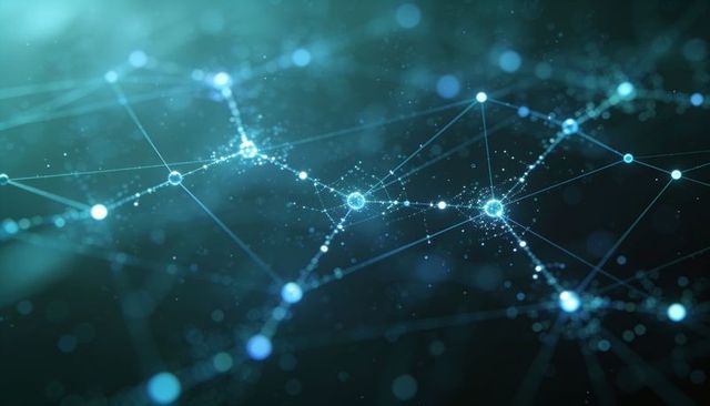 Glowing teal digital network connecting nodes and particles for data flow visualization