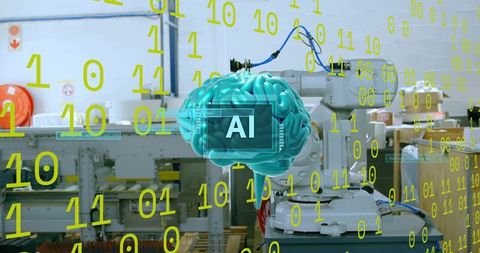 Ai brain guiding robotic arm in smart factory with binary data overlay and automation analytics