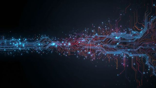 Neon Circuit Stream Connecting Futuristic Data Network with Glowing Nodes and Particles