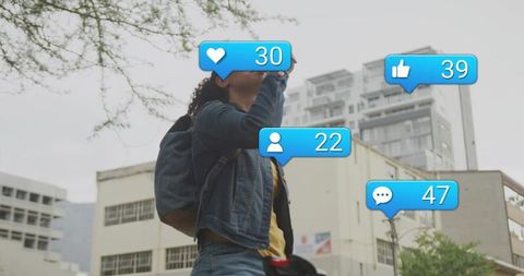 Young woman walking in city wearing denim jacket and backpack, social media notification overlays