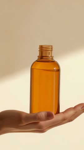 Vertical video presenting amber glass bottle on open palm with minimal beige backdrop