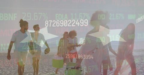 Group of friends walking on beach with financial data overlay