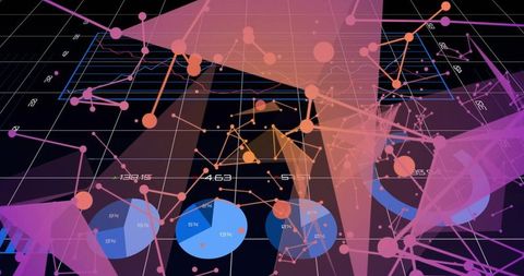 Displaying 3D data dashboard on dark grid with neon network nodes, glowing polygons, blue pie charts