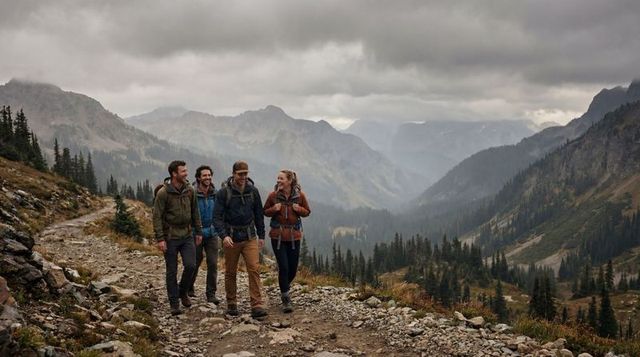 Group hiking in misty alpine valley walking rocky trail with backpacks