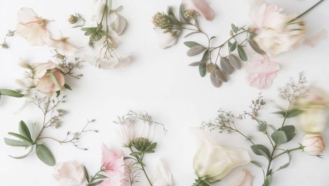 Soft pastel floral flatlay with cream roses and eucalyptus on clean white background