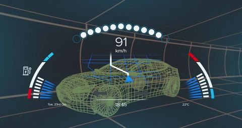 This image depicts a high-tech digital dashboard overlaying a green wireframe model of a car. The interface highlights the vehicle’s speed at 91 km/h and fuel status, representing cutting-edge advancements in automotive technology. This visual emphasizes connectivity in car engineering, suitable for illustrating articles on the future of smart car tech, automotive industry trends, or designing promotional materials for innovative automotive solutions.