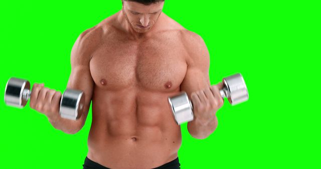 This vibrant image features a muscular man lifting dumbbells, perfect for fitness and health websites, gym promotional materials, workout guides, and athletic product advertisements. The green screen background allows easy customization or insertion into other scenes ideal for video editing and creative projects.