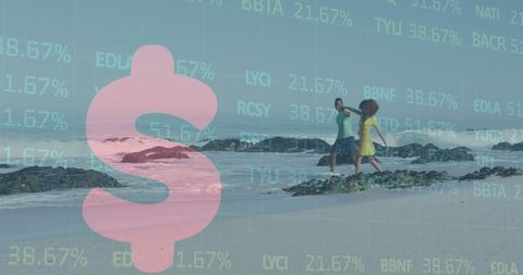 Couple on tropical beach with financial data overlay concept