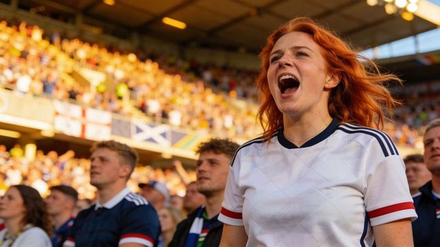 Red-haired fan shouting in white jersey at sunlit stadium crowd, football passion