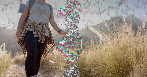 Adventurous Hiker Exploring Wild Narrow Trail with Digital Glitch Twist