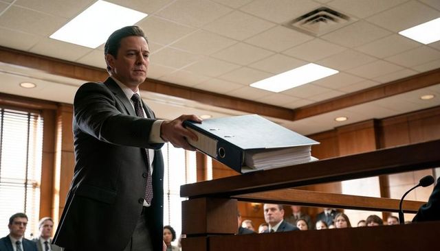 Attorney presenting evidence in court extending thick binder over rail during trial