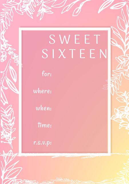 This sweet sixteen invitation template features a beautiful floral border on a pink gradient background. Ideal for personalizing with event details like location, date, and time. Suitable for sweet sixteen parties, birthday celebrations, and special events. Easily customizable to match various themes and styles. Perfect for creating stylish and memorable party invitations.