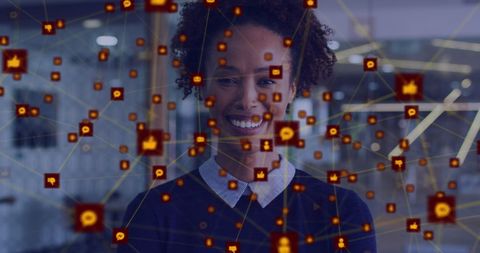 Digital network visualization with smiling businesswoman in office