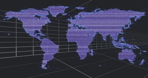 Purple holographic world map projecting on 3d grid with dotted scanlines and glowing points