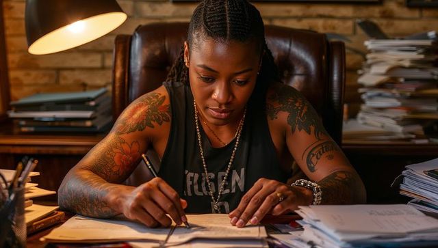 Focused tattooed woman signing important forms at cluttered office desk under warm lamp