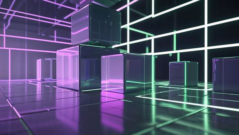 Futuristic Neon Abstract with Reflective Translucent Cubes